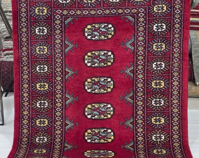 2.5 X 4 ft Red Geometrical Handmade, Mori Bokhara Rug Cotton and Wool
