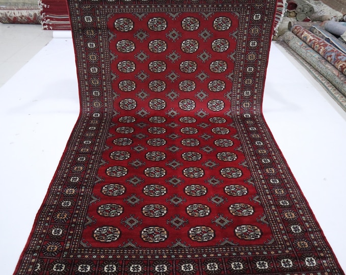 Hand Knotted Wool Mori Bokhara Rug, Geometric Red Rug (5x9 Ft)
