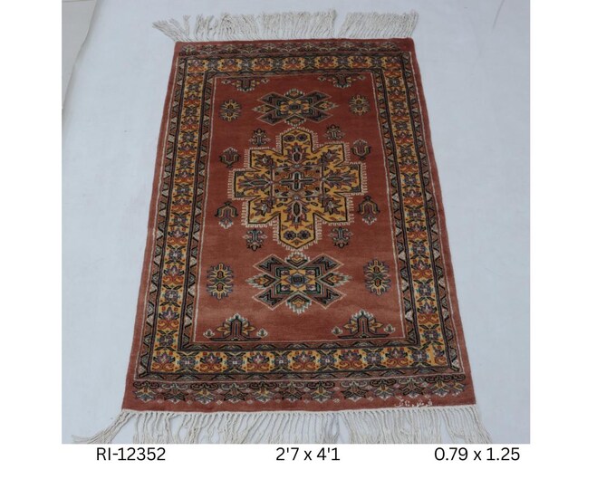 Hand-Knotted Wool and Silk Touch Rug, Copper and Yellow Geometric Design, 2.7 x 4.1 ft