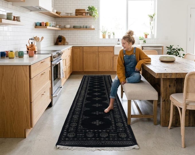 2.7 X 10.1 ft Black Geomatrical Handmade Runner, Mori Bokhara Cotton and Wool