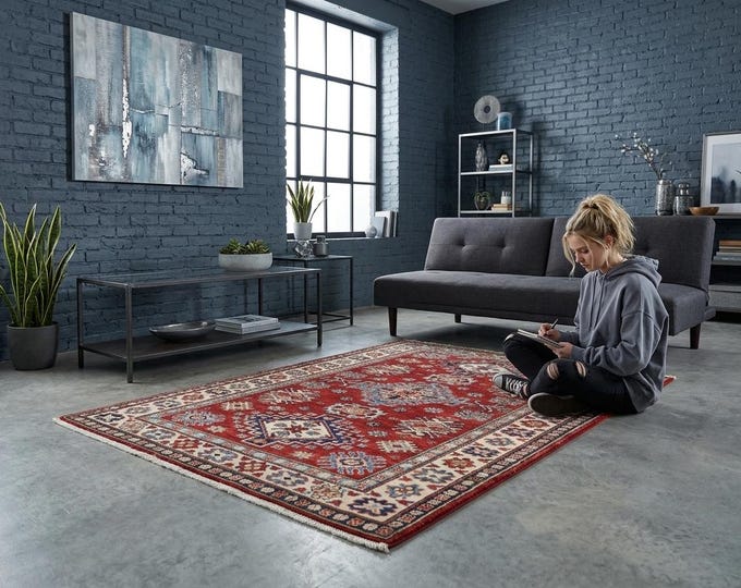 3.5 X 4.9 ft Red and Beige Geomatrical Handmade, Super Kazak Cotton and Wool