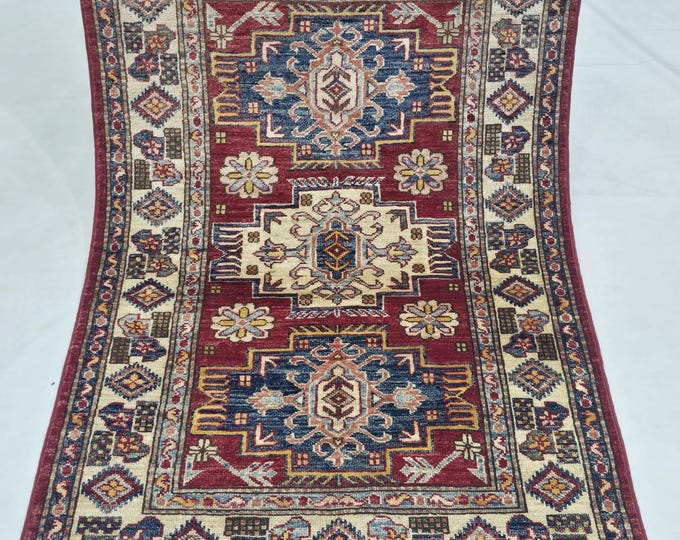 2.5 X 4 ft Handmade Geometrical Super Kazak Rug, Red and Beige, Cotton and Wool