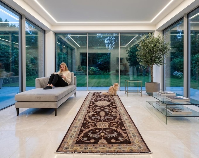 2.7 X 8.6 ft Brown and Beige Floral Handmade Runner ,Heriz Cotton and Wool