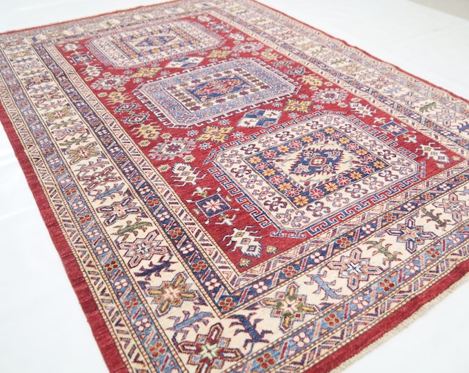 Handmade Wool Afghan Rug – 5.5x8 ft, Red Traditional Kazak Design