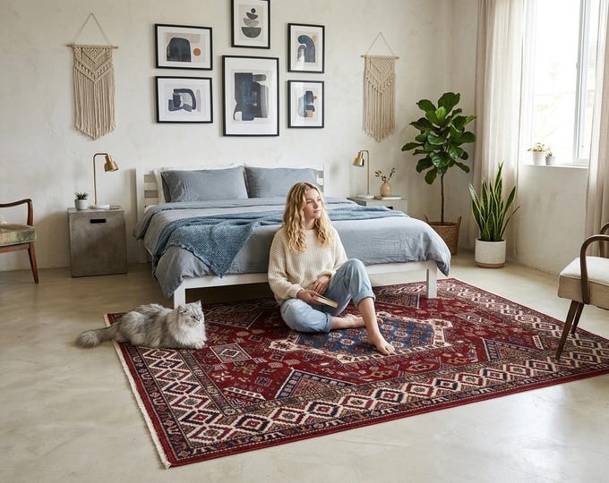 5 X 7 ft Red and Beige Geomatrical Handmade, Super Kazak Cotton and Wool