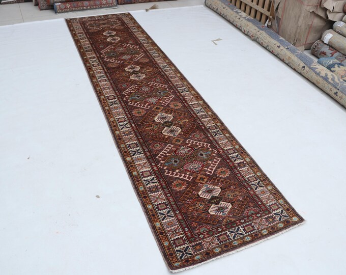 2 X 10 ft Brown and Beige Geomatrical Handmade Runner, Super Kazak Cotton and Wool