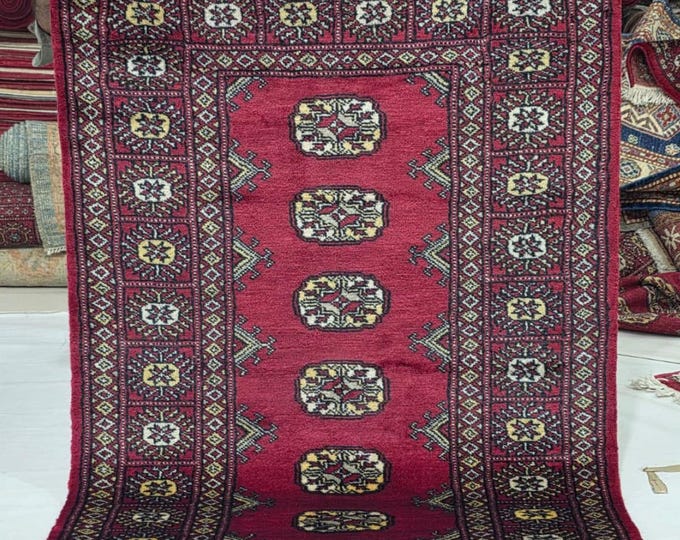 2.5 X 4 ft Red Geometrical Handmade, Mori Bokhara Rug Cotton and Wool