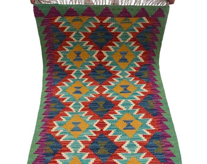 2 X 3 ft Handmade Geometrical Killim Rug, Muilty, Wool