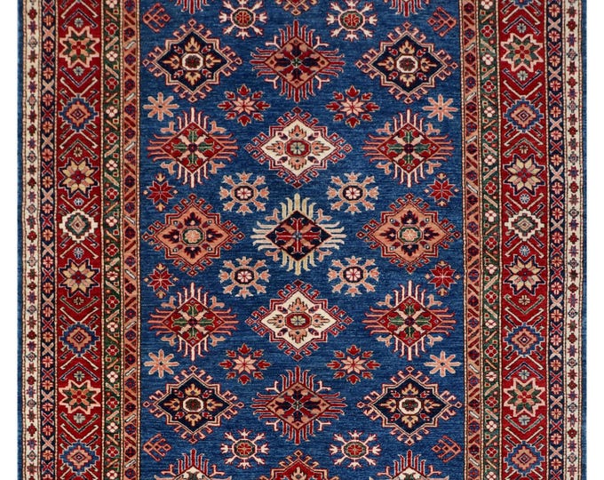 6.0 X 8.9 ft Blue and Beige Geomatrical Handmade , Super Kazak Cotton and Wool