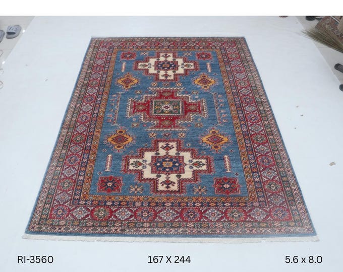 Hand-knotted Super Kazak Cotton and Wool Rug, Geomatrical in Blue base and Red border, 5.6 X 8.0 ft
