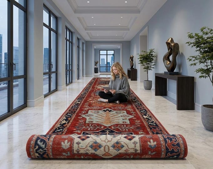 2.6 X 18.10 ft Red and Blue Floral Handmade Runner ,Heriz Cotton and Wool