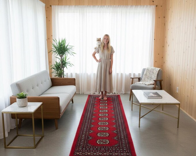 2.1 X 5.11 ft Red Geomatrical Runner Handmade, Mori Bokhara Cotton and Wool