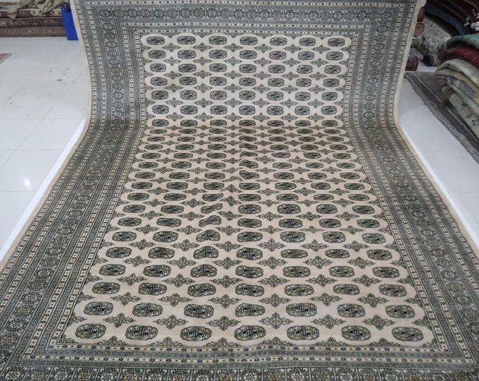 10x14 Beige Wool Mori Bokhara Rug – Handmade Turkmen Rug