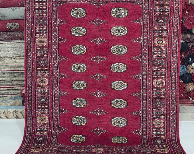 4.5 X 7 ft Red Geometrical Handmade, Mori Bokhara Cotton and Wool