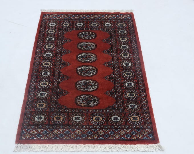 2.7X 4.0 ft Red Geomatrical Handmade Runner, Mori Bokhara Cotton and Wool