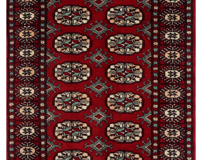 2.7 X 4.1 ft Red Geomatrical Handmade ,Mori Bokhara Cotton and Wool