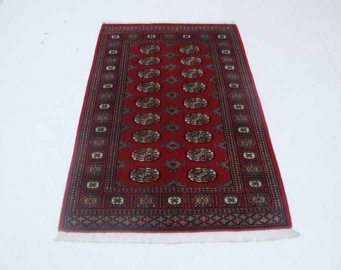 3.2 X 5.1 ft Red Geomatrical Handmade ,Mori Bokhara Cotton and Wool