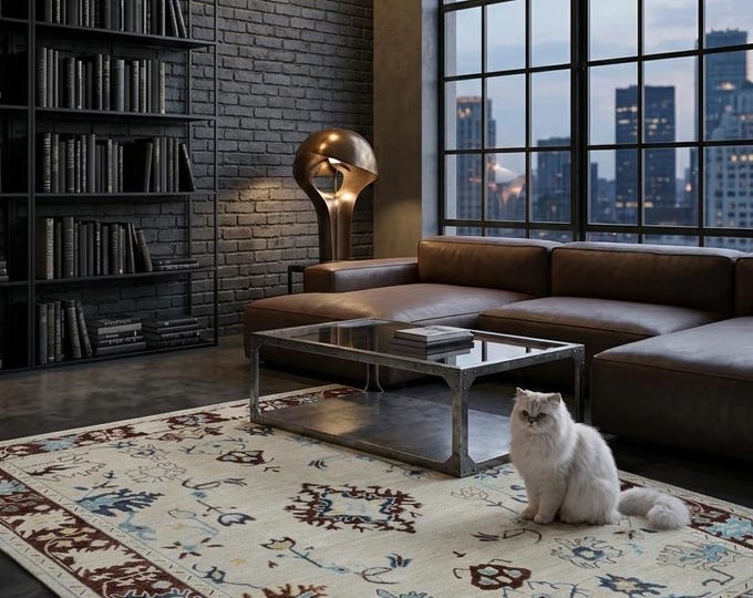 6.2 X 8.8 ft Brown and Beige Floral Handmade ,Oshak Wool