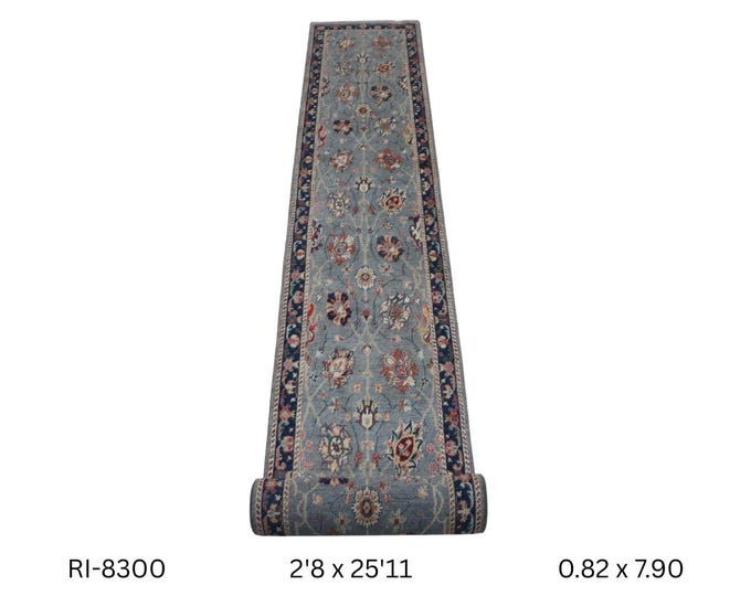 3 X 26 ft Gray and Blue Floral Handmade Runner, Chobi Cotton and Wool