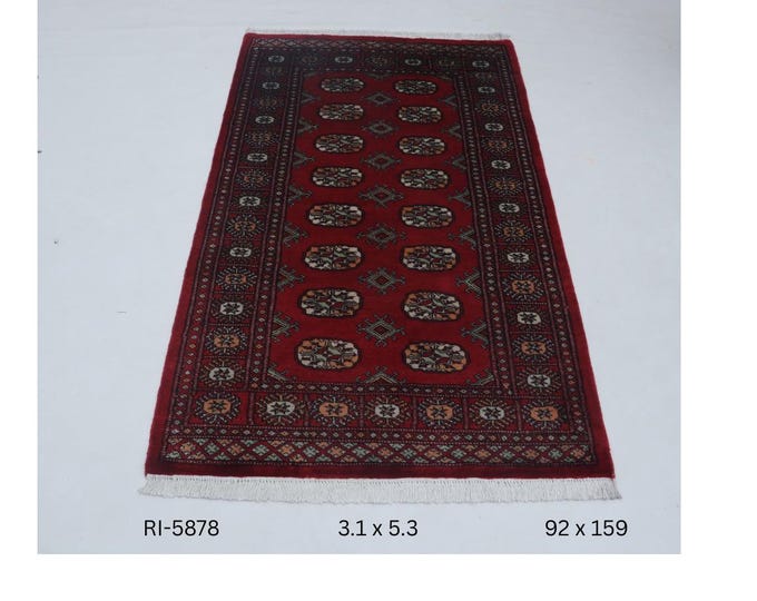 Hand-knotted Mohri Bokhara Cotton and Wool Rug Geomatrical in Red and Red border, 3.1 x 5.3 ft