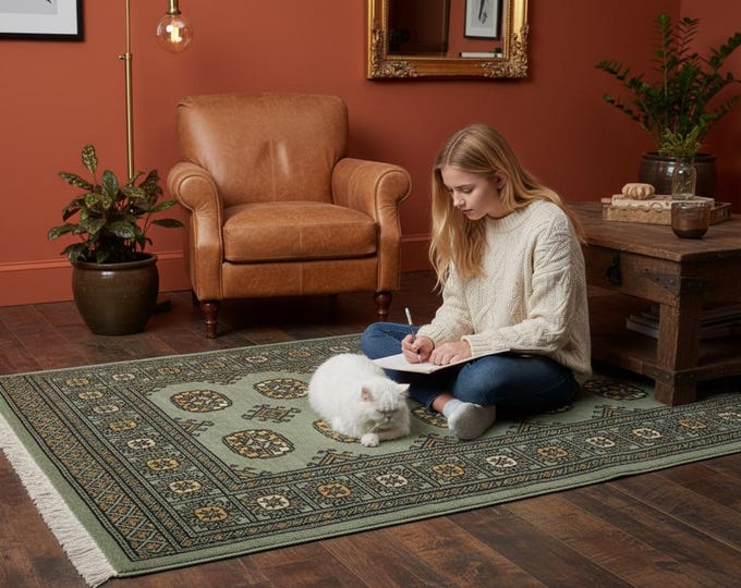 3.2 X 5.1 ft Green Geomatrical Handmade ,Mori Bokhara Cotton and Wool