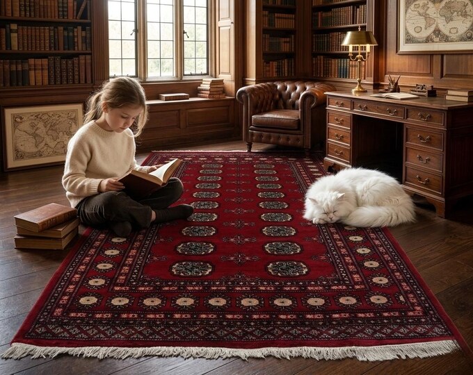 4.2 X 5.11 ft Red Geomatrical Handmade, Mori Bokhara Cotton and Wool