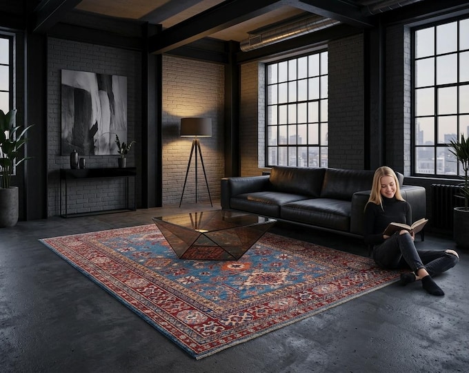 5 X 6 ft Blue and Red Geomatrical Handmade, Super Kazak Cotton and Wool