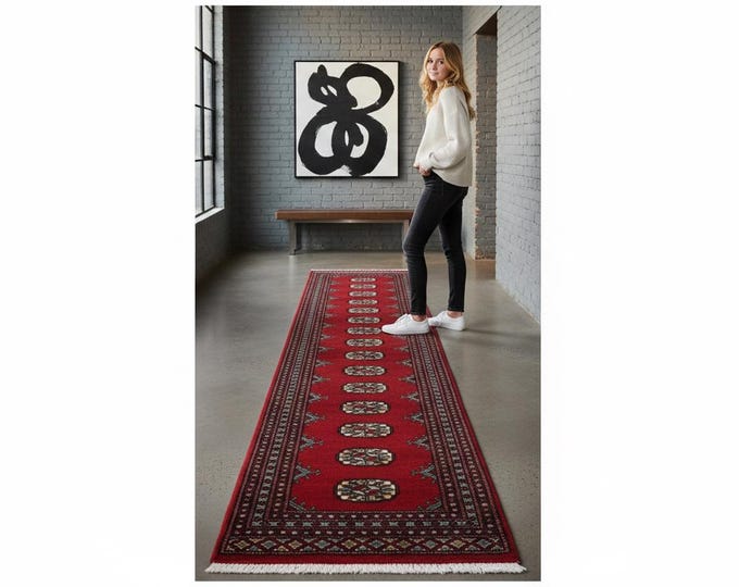 2.0 X 5.11 ft Red Geomatrical Runner Handmade, Mori Bokhara Cotton and Wool