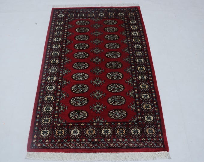 3.1 X 4.10 ft Red Geomatrical Handmade ,Mori Bokhara Cotton and Wool