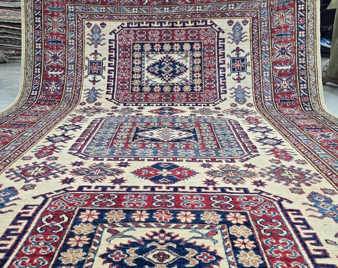5.5 X 8 ft Handmade Geometrical Super Kazak Rug, Beige and Red, Cotton and Wool