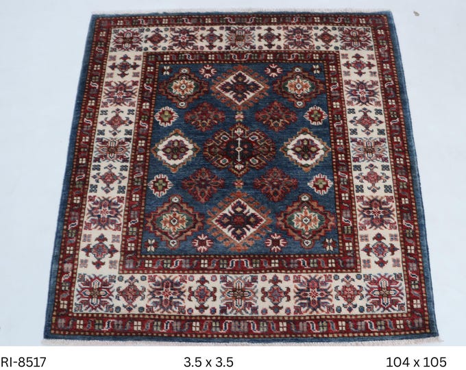 3 X 3 ft Blue and Beige and Red Geomatrical Handmade , Super Kazak Cotton and Wool