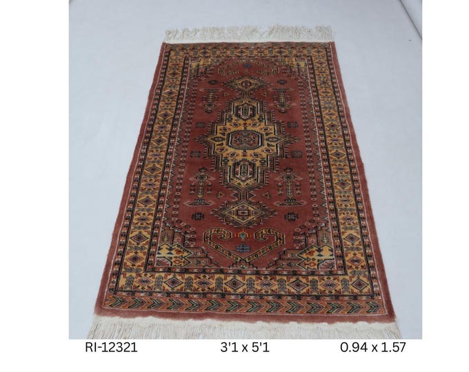 Hand-Knotted Wool & Silk Touch Rug, Copper Geometric Design, 3.1 x 5.1 ft