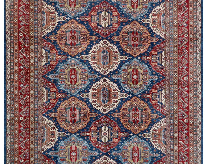 9.0 X 11.7 ft Blue and Red Geomatrical Handmade , Super Kazak Cotton and Wool
