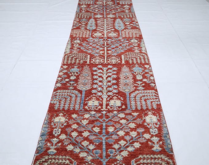 9ft Hand Knotted Wool Runner Rug – Rust Persian Tree Design