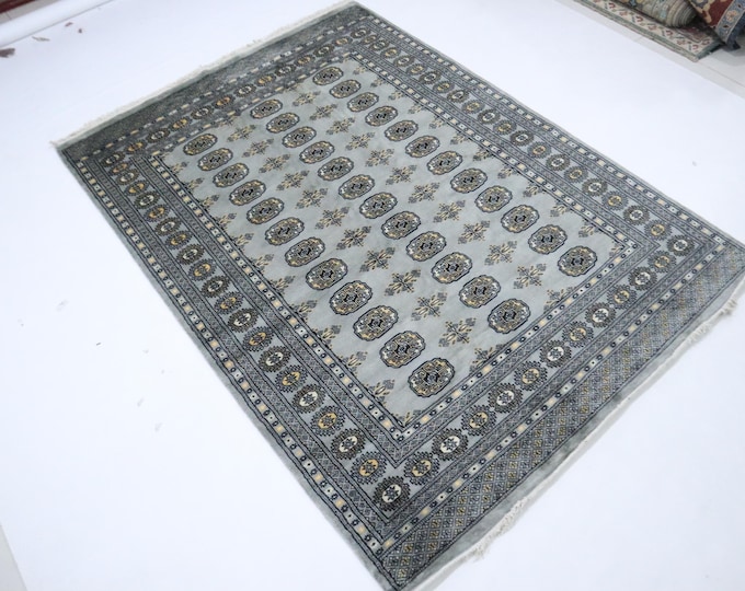 5.5 X 8 ft Handmade Geometrical Mori Bokhara Rug, Gray, Cotton and Wool