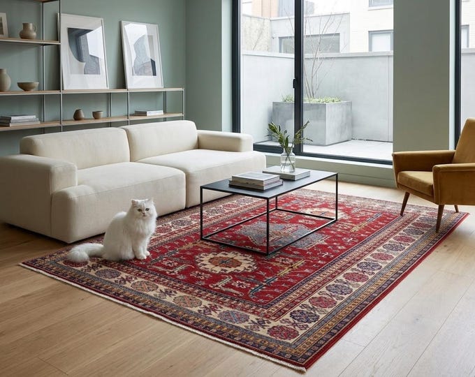 5 X 8 ft Red and Beige Geomatrical Handmade, Super Kazak Cotton and Wool