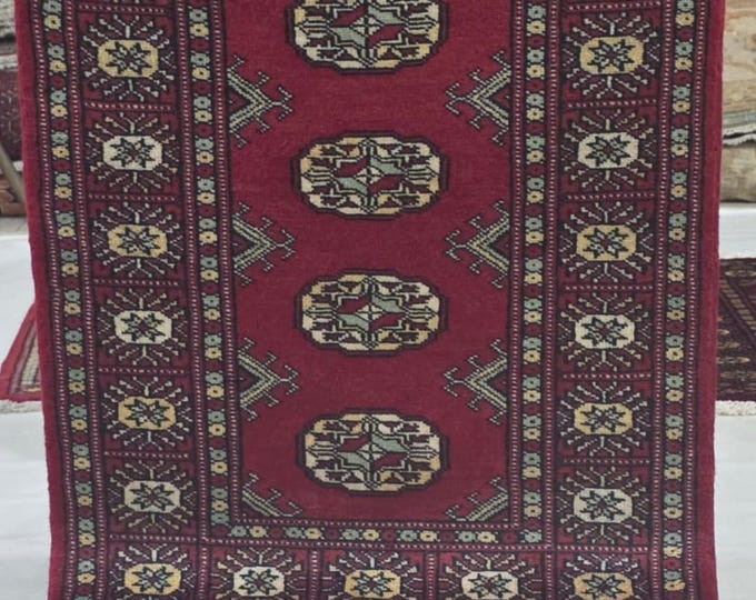 2 X 3 ft Red Geometrical Handmade, Mori Bokhara Cotton and Wool