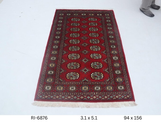 Hand-knotted Mohri Bokhara Cotton and Wool Rug, Geomatrical in Red base and Red border, 3.1 x 5.1 ft