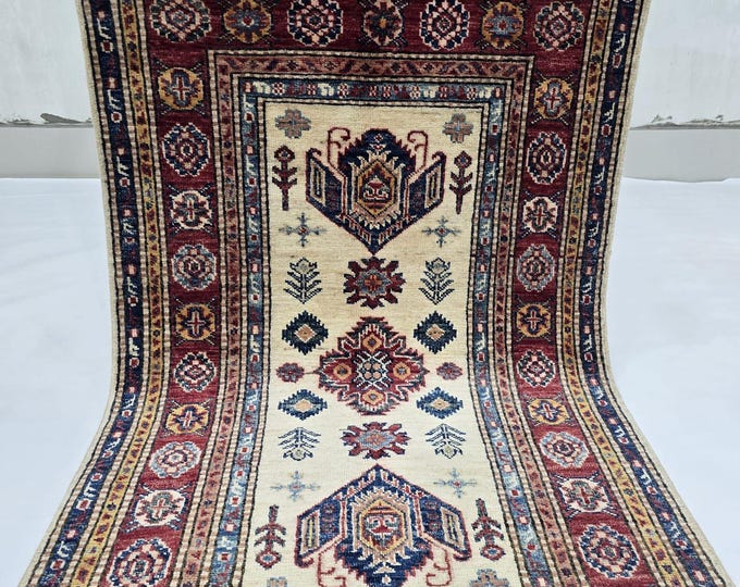 2.5 X 4 ft Handmade Floral Super Kazak Rug, Beige and Red, Cotton and Wool