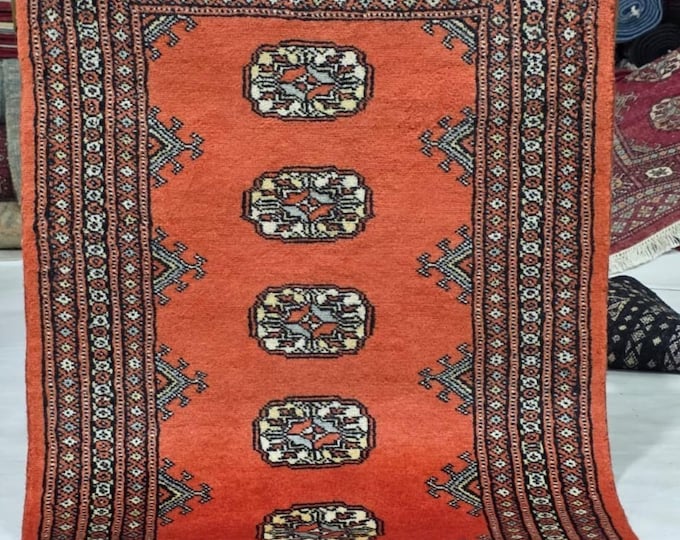 2 X 3 ft Orange Geometrical Handmade, Mori Bokhara Cotton and Wool