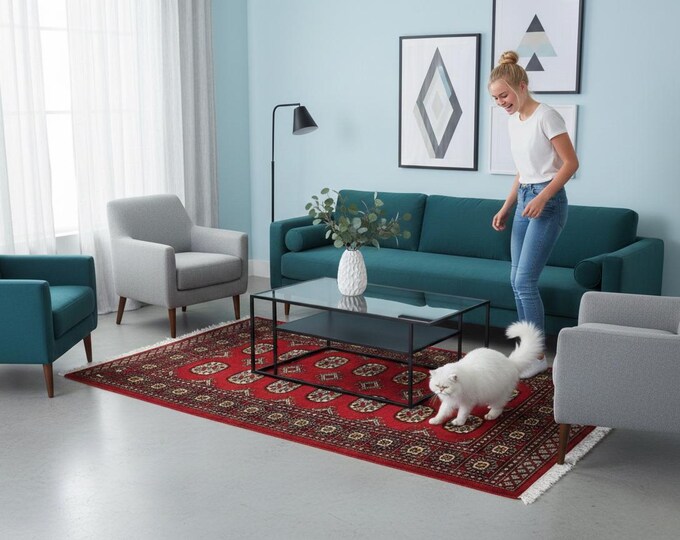 3.2 X 5.1 ft Red Geomatrical Handmade Runner, Mori Bokhara Cotton and Wool