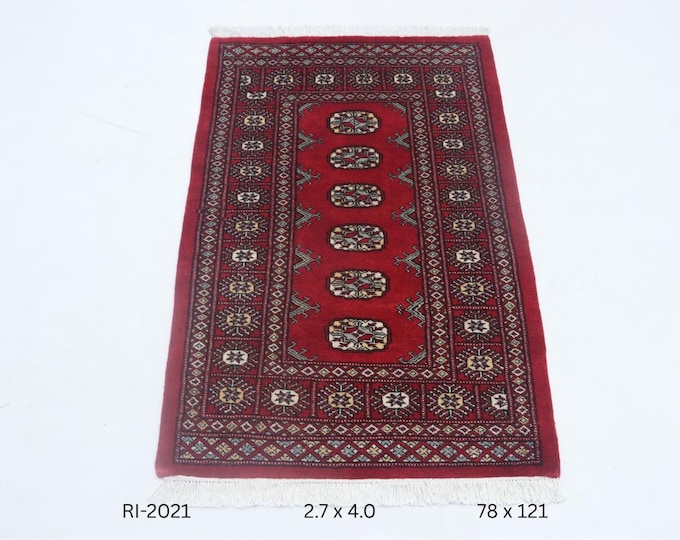 Hand-knotted Mori Bokhara Cotton and Wool Rug, Geomatrical in Red base and Red border, 2.7 x 4.0 ft