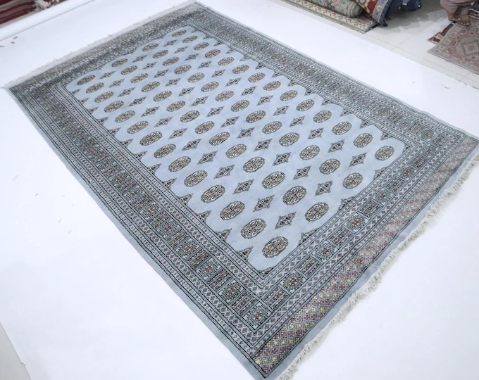 7 X 10 ft Handmade Geometrical Mori Bokhara Rug, Gray, Cotton and Wool