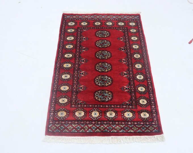 2.7 X 4.1 ft Red Geomatrical Handmade, Mori Bokhara Cotton and Wool