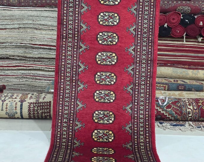 2 X 6 ft Red Geometrical Handmade Runner, Mori Bokhara Cotton and Wool