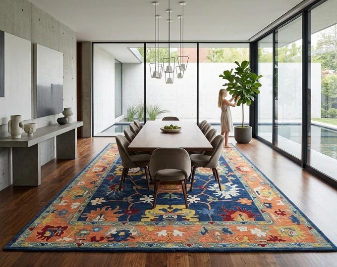 9.10 X 13.8 ft Blue and Copper Floral Handmade ,Oshak Wool