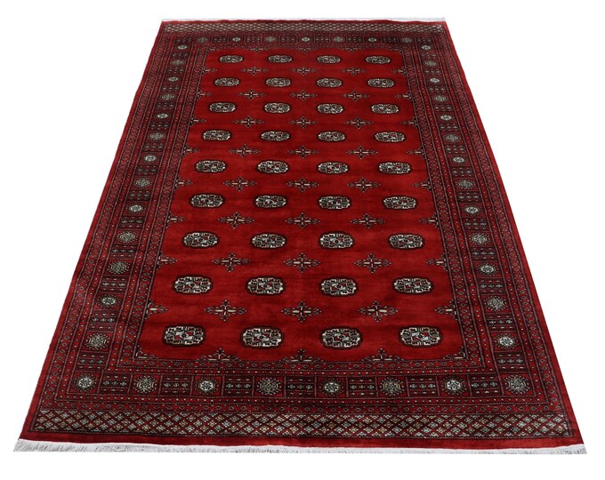 6.7 X 9.11 ft Red Geomatrical Handmade Runner, Mori Bokhara Cotton and Wool