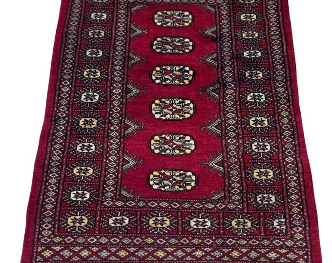 2.5 X 4 ft Red Geometrical Handmade, Mori Bokhara Rug Cotton and Wool
