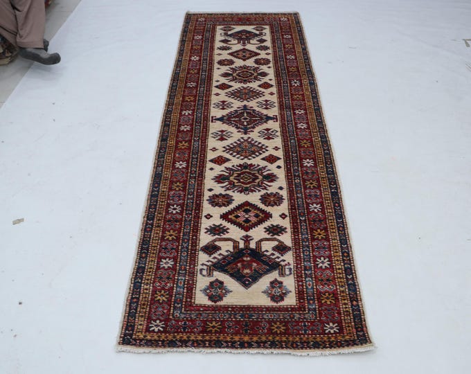 2.9 X 8.3 ft Beige and Red Geomatrical Handmade Runner, Super Kazak Cotton and Wool