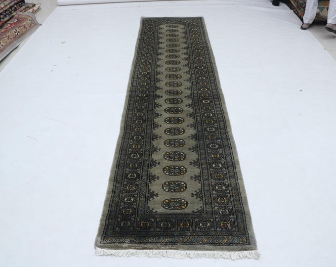 2.6 X 10.4 ft Gray Geomatrical Runner Handmade, Mori Bokhara Cotton and Wool